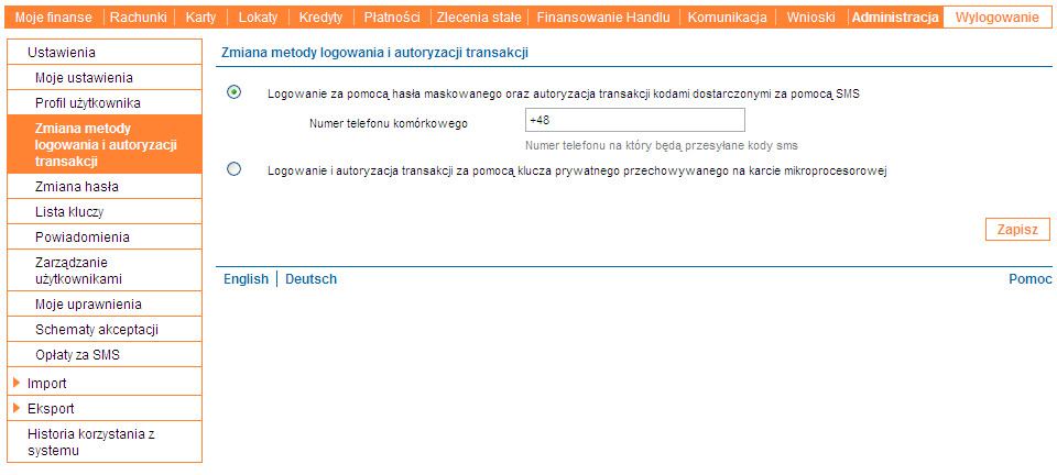 Link Zmień obok pola Numer telefonu do kodów SMS prowadzi do formularza zmiany telefonu do kodów SMS. 16