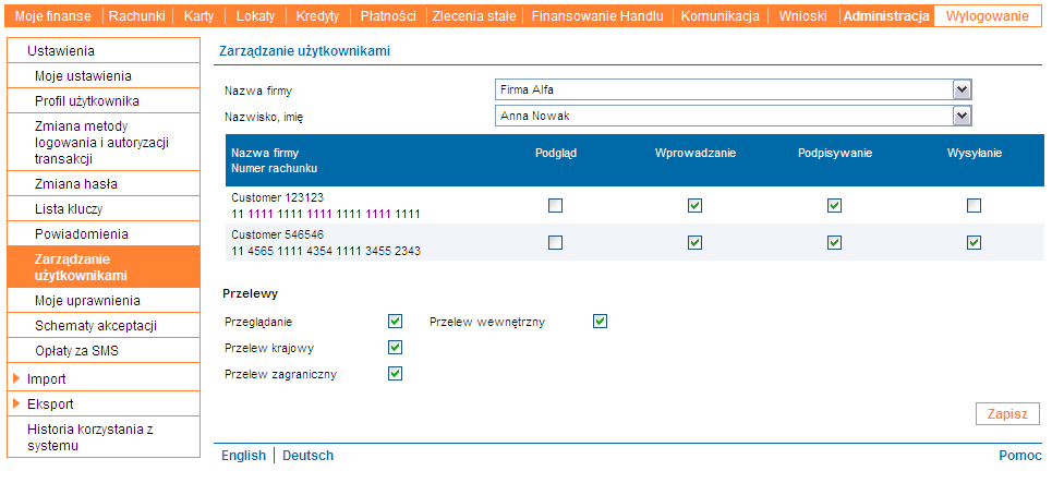 16.1.7 Zarządzanie użytkownikami Przy pomocy formularza Zarządzanie użytkownikami użytkownik ma możliwość dodawania/odejmowania uprawnień formularzowych oraz rachunkowych innym użytkownikom systemu.