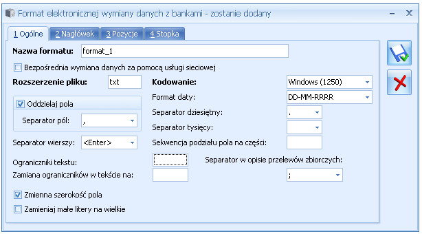 Rys. Okno definiowania formatów wymiany danych Dodanie nowego formatu otwiera okno Format elektronicznej wymiany danych z bankami, składające się z czterech zakładek: Ogólne, Nagłówek,