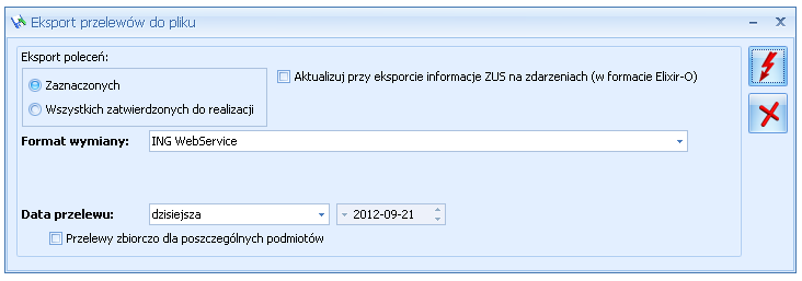 3.6.15.9 Eksport za pomocą usługi sieciowej Możliwy jest eksport przelewów krajowych (w tym do Urzędu Skarbowego i ZUS) oraz przelewów walutowych (w tym przelewów europejskich SEPA).