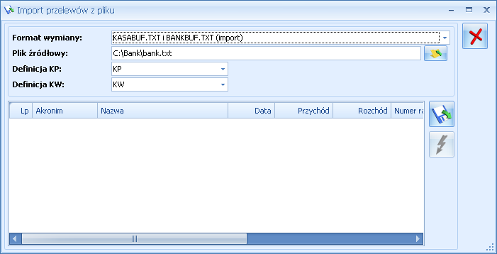 Rys. Import przelewów z pliku Po wczytaniu pliku, tabela tymczasowa wypełniana jest informacjami odczytanymi z pliku. Pozycje znajdujące się w tabeli nie podlegają edycji.