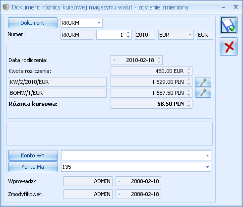 Rys. Definicja dokumentu różnicy kursowej MW Dokument różnicy kursowej tworzony jest po zapisaniu dokumentu wypłaty i zapisywany z datą rozliczenia, czyli datą późniejszego dokumentu.