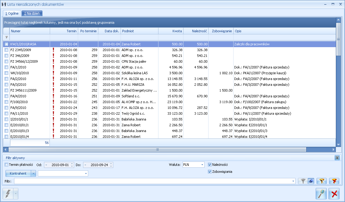 3.9.3.1 Zakładka Ogólne Rys. Lista nierozliczonych dokumentów Lista ta jest posortowana wg terminu płatności, a w obrębie tego samego terminu płatności wg daty dokumentu.