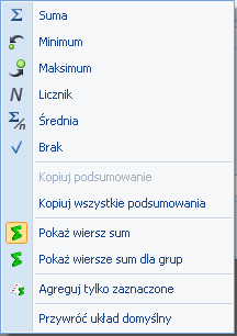 1.2.5 Wiersz sum agregacje dla kolumn Na listach w programie domyślnie włączona jest opcja sumowania (Pokaż wiersz sum). Dla pierwszej domyślnej kolumny załączone jest sumowanie typu: Licznik. Rys.