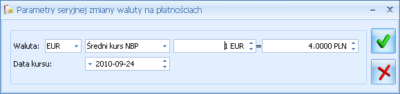 Rys. Seryjna zmiana waluty rozliczenia Aby dokonać seryjnej zmiany waluty należy wybrać: Walutę z listy rozwijanej, Typ kursu z listy rozwijanej, Datę kursu domyślnie inicjowaną, jako data bieżąca z