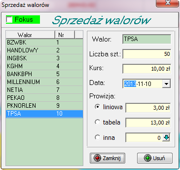 Rysunek 66. Rozliczanie transakcji sprzedaży. Z listy wybieramy interesujący nas walor.