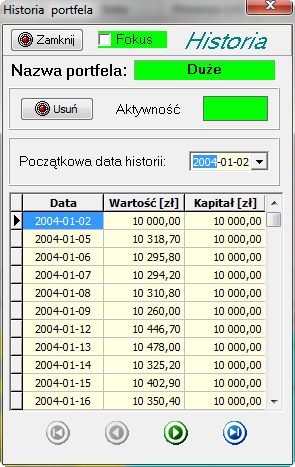 Ponieważ konwerter oblicza wartość portfela po każdej sesji, przez te kilka sesji wartość portfela będzie mocno zaniżona. Rysunek 72. Tabela z danymi historii portfela.