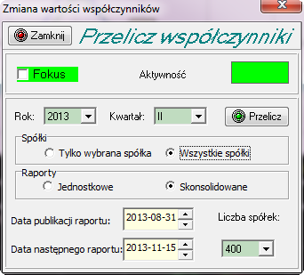 Rysunek 48. Przeliczanie współczynników historycznych. Przyciskiem Przelicz włączamy dialog (rys. 48) przy pomocy którego możemy przeliczyć współczynniki historyczne.