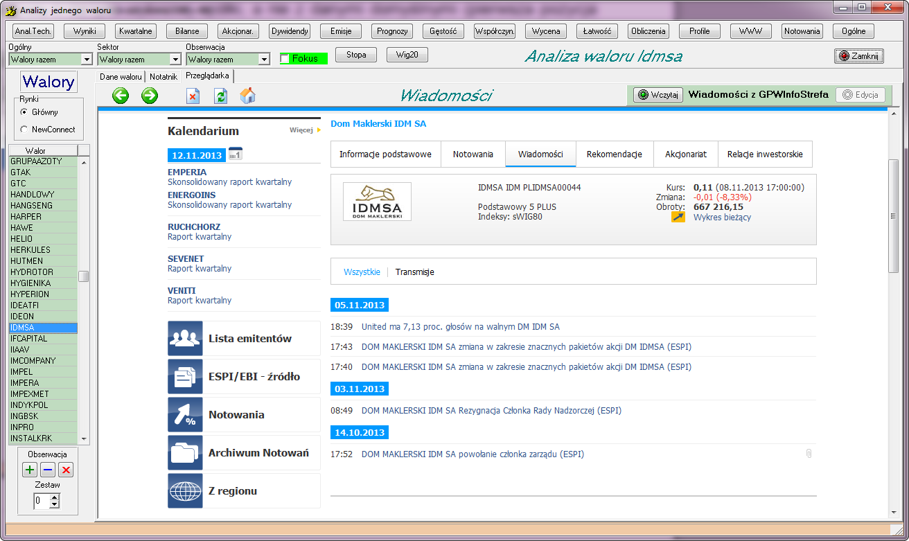 Rysunek 55. Analizy jednego waloru spółka IFCAPITAL. Rysunek 56. Analizy jednego waloru wiadomości o spółce IDMSA.
