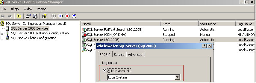 Rysunek 1 SQL Server Configuration Manager Dodatkowo naleŝy zamienić (jeŝeli na tym samy serwerze będzie pracował HASP) konto SQL Serwera SQL Server 2005 na Local System.