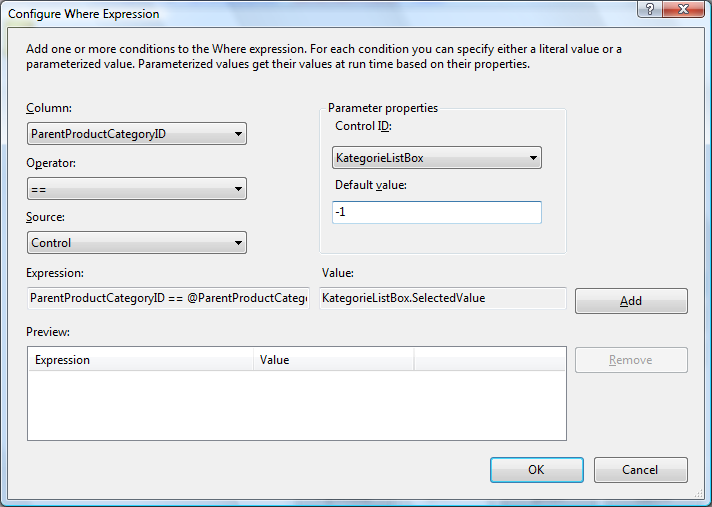 Rys. 4 Okno Data Source Configuration Wizard 6. Wyświetl listę podkategorii Po kliknięciu OK ponownie kliknij Smart Tag, a następnie zaznacz opcję Enable AutoPostBack.