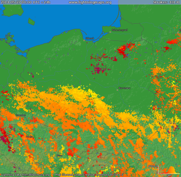 Maj Poniżej przedstawione są wyładowania zarejestrowane w dniu 27 maja 2014 r. W pierwszych dwóch dniach maja grzmiało na południu Polski, z tym, że najaktywniejsze burze wystąpiły w Małopolsce.