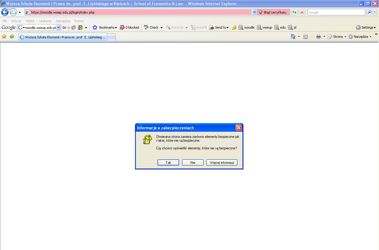 W przypadku gdy korzystamy z Internet Explorera: 1)wpisujemy w Internet Explorerze adres: moodle.wseip.edu.pl i klikamy zaloguj się.