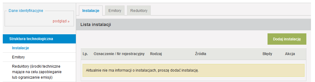 Wyświetli się wówczas formularz częściowo wypełniony danymi wykazanymi dla danej instalacji w poprzednim roku sprawozdawczym.