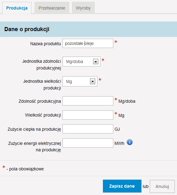 Po uzupełnieniu powyższych pól zakres informacji wprowadzanych w ramach tego formularza ulega rozszerzeniu o następujące informacje: drzewko Źródła mające udział w zdolności produkcyjnej i produkcji