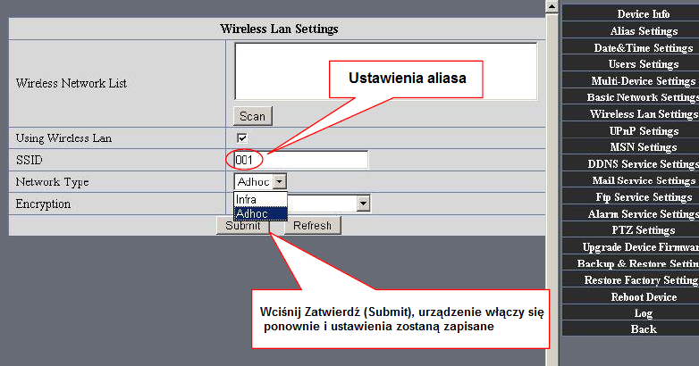 2) Otwórz okno z ustawieniami interfejsu sieci bezprzewodowej, wybierz Adhoc dla typu połączenia (Network Type), możesz ustawid SSID na 001. Ilustracja 4.