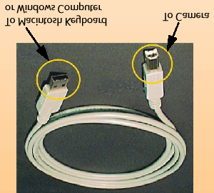 Ilustracja 33. Złącza kabla USB. Od lewej: do klawiatury Macintosha lub do komputera z systemem Windows, do aparatu. Ilustracja 34. Podłączanie kabla USB do aparatu.
