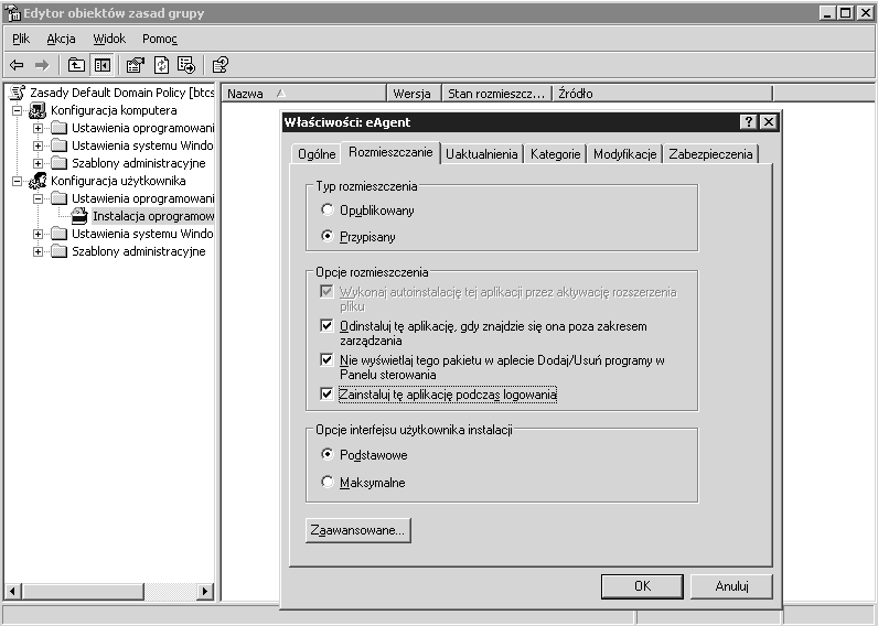 32 Zarządzanie Infrastrukturą IT Aby e-agent zainstalował się automatycznie przy następnym logowaniu użytkowników do domeny (opcja "konfiguracja użytkownika") należy zmodyfikować odpowiednie opcje na