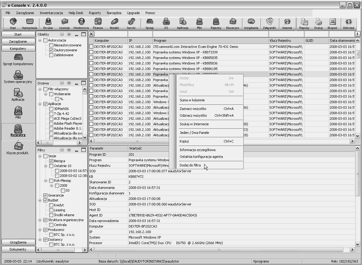 Interface komponentów Filtr MAC - adres fizyczny interfejsu sieciowego komputera Czas skanowania rejestrów - czas (w sekundach) skanowania rejestrów Czas skanowania plików - czas (w sekundach)
