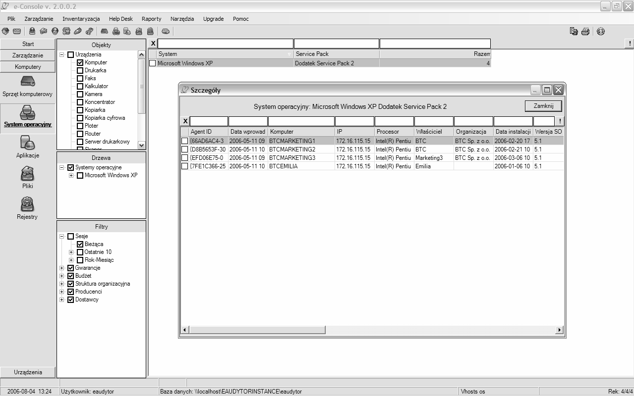 Interface komponentów W widoku wyświetlane są parametry systemów operacyjnych zeskanowanych komputerów takie jak: System - zainstalowany system operacyjny Service Pack - zainstalowany dodatek typu