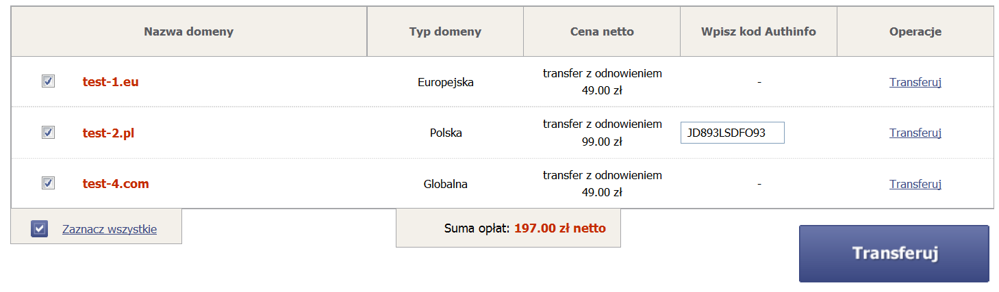 spółki AZ.PL. W celu wykonania transferu, konieczne jest posiadanie kodu AuthInfo dla danej domeny. Kod taki możesz otrzymać od swojego obecnego rejestratora.