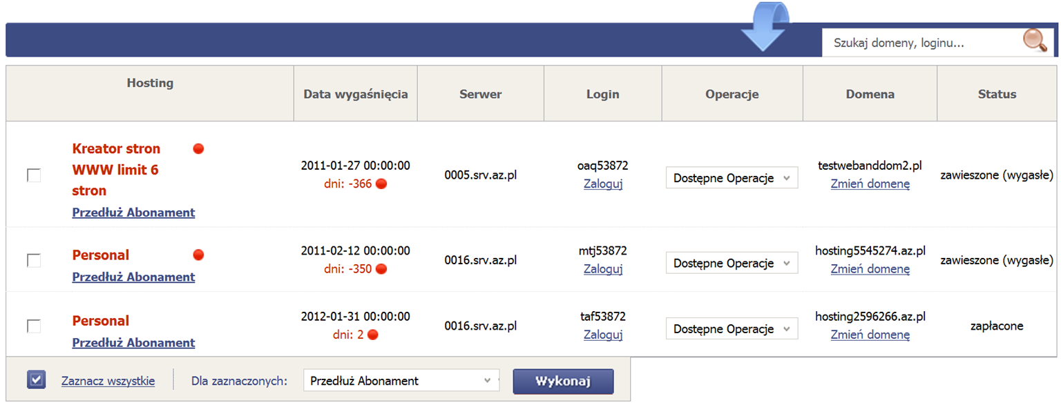 HOSTING - ODNOWIENIA Menu: Hosting Moje odnowienia Zakładka Moje odnowienia umożliwia przeprowadzenie przedłużenia wszystkich usług hostingowych znajdujących się w Twoim Panelu.