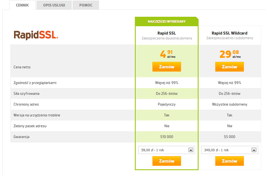 CERTYFIKATY SSL Menu: Hosting Certyfikat SSL Wchodząc w menu Hosting Certyfikat SSL możesz wybrać i dokonać zakupu jednego z wielu dostępnych rodzajów certyfikatów SSL.