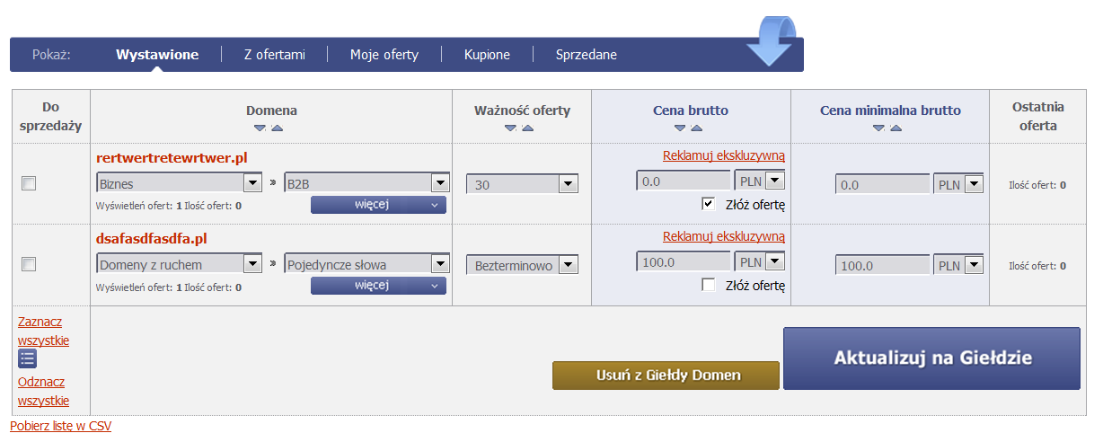 MOJE OFERTY Menu: Giełda Domen Moje Oferty Wchodząc na pozycję w menu o nazwie Moje Oferty możesz obserwować wszystkie Twoje domeny wystawione na Giełdzie Domen AZ.pl.