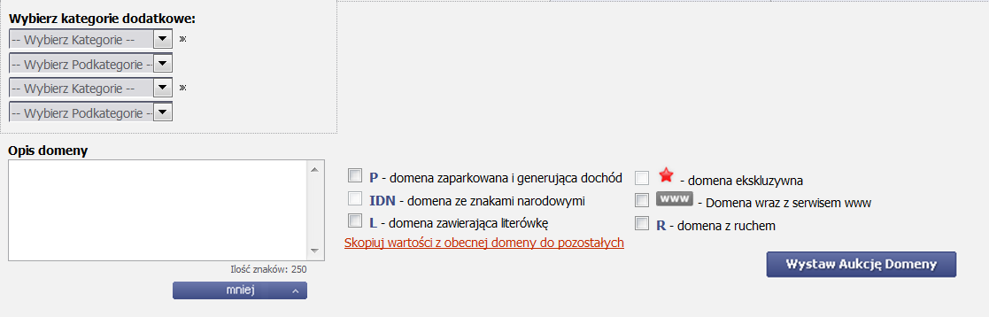 * - domena ekskluzywna WWW - Domena wraz z serwisem www R - domena z ruchem N - nie przedłużam Abonamentu, oddam po kosztach Rysunek 4-17 Rozwinięte menu pozwalające na ustawienie licznych parametrów