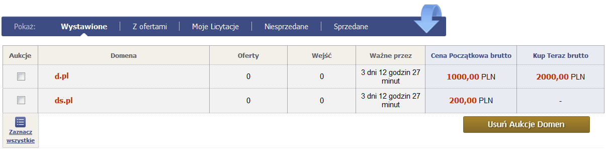 MOJE AUKCJE Menu: Giełda Domen Moje Aukcje Wchodząc na pozycję w menu o nazwie Moje Aukcje możesz obserwować wszystkie Twoje domeny wystawione na Aukcjach Domen AZ.pl.