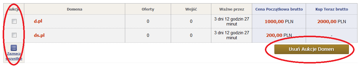 Przesuwając się w prawo, zobaczysz Cenę Początkową brutto oraz Kup Teraz brutto.