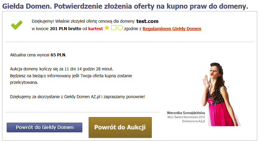 Po wpisaniu maksyymalnej oferty, zostaniesz przeniesiony do nowego okna w celu potwierdzenia oferty.