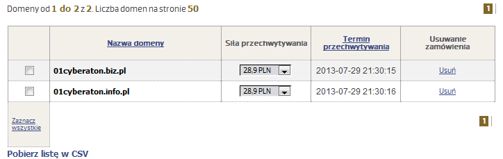 Rysunek 5-6 Lista domen zgłoszonych do przechwycenia Każdą z domen na liście można usunąć klikając w pole Usuń.