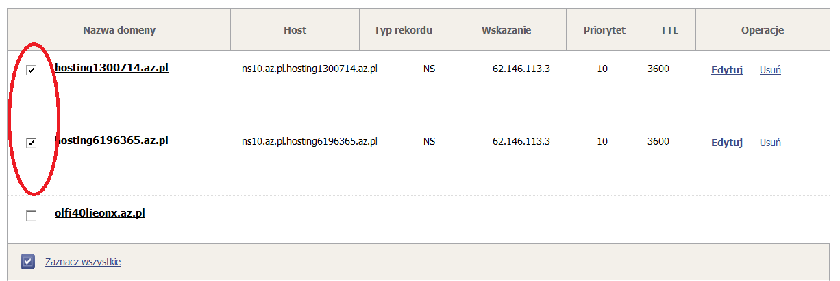 Rysunek 7-2 Konfiguracja rekordów DNS Najpierw zaznaczamy domeny, które chcemy konfigurować zaznaczając checkboxy przy tych domenach, dla których chcemy dodać rekordy.