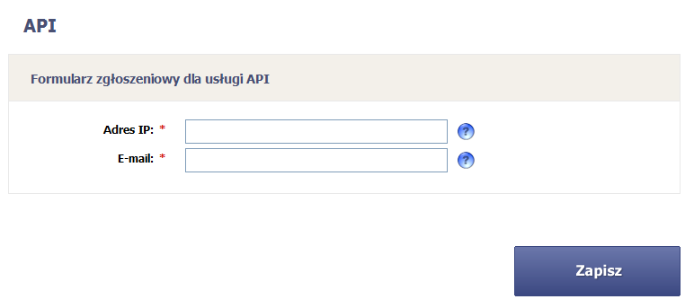 API DLA DOMEN Menu: Narzędzia API dla domen Wybranie opcji API z menu pozwala przejść na stronę, która umożliwia zgłosić dostęp do systemu poprzez API.