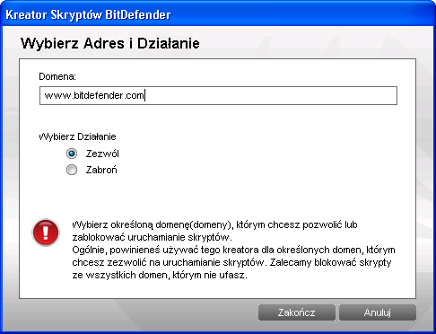 Krok 1/1 - Wybierz adres i działanie Wybierz Adres i Działanie Możesz ustawić parametry: Wprowadz domene - wpisz w domenę, która reguła ma być zastosowana. Działanie - wybierz działanie reguły.