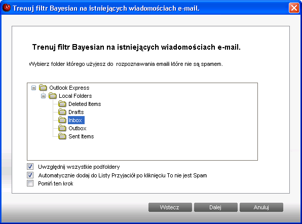 4.2.4. Krok 4/6 - Naucz Filtr Bayesian Naucz Filtr Bayesian Proszę wybierz folder, który zawiera ważne wiadomości email. Te wiadomości będą wykorzystane do nauki filtra Bayesian.