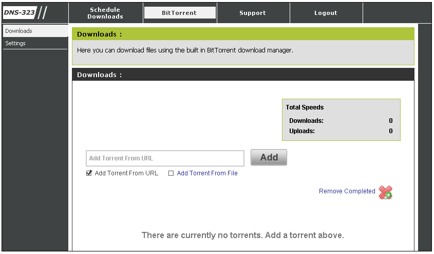 6.3.2 Konfiguracja BitTorrent Konfiguracja programu BitTorrent na urządzeniu DNS-323 jest moŝliwa z poziomu przeglądarki internetowej po pomyślnym logowaniu, wybraniu opcji Downloads i przejściu do