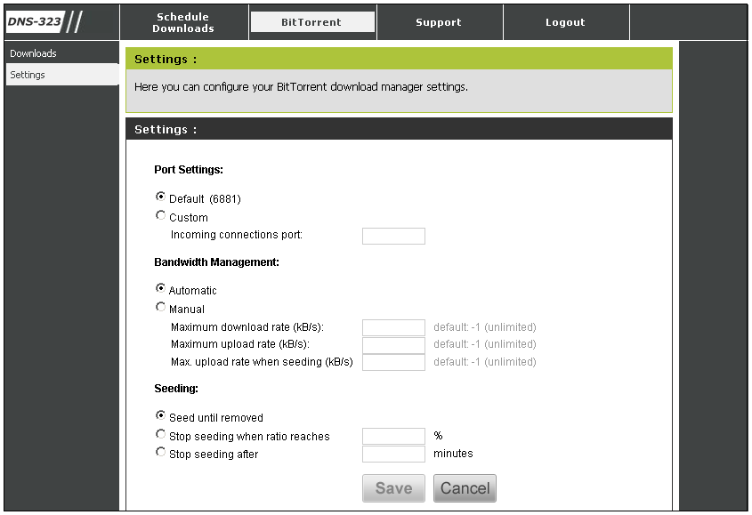 6.3.4 Ustawienia Torrent Sekcja umoŝliwia zmianę ustawień programu BitTorrent przez zaznaczenie odpowiedniego przycisku opcji (radio button).