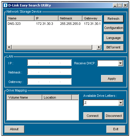 JeŜeli serwer DHCP nie znajduje się w sieci lub z innych powodów DNS-323 nie otrzymał adresu IP, adres IP zostanie ustawiony na domyślną wartość 192.168.0.32. Zaleca się stosowanie oprogramowania D-Link Easy Search Utility, podczas pierwszej konfiguracji urządzenia.