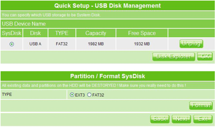 Wybierz odpowiedni dysk USB aby móc nim zarządzać. W celu formatowania lub partycjonowania, wybranego dysku wciśnij Format.