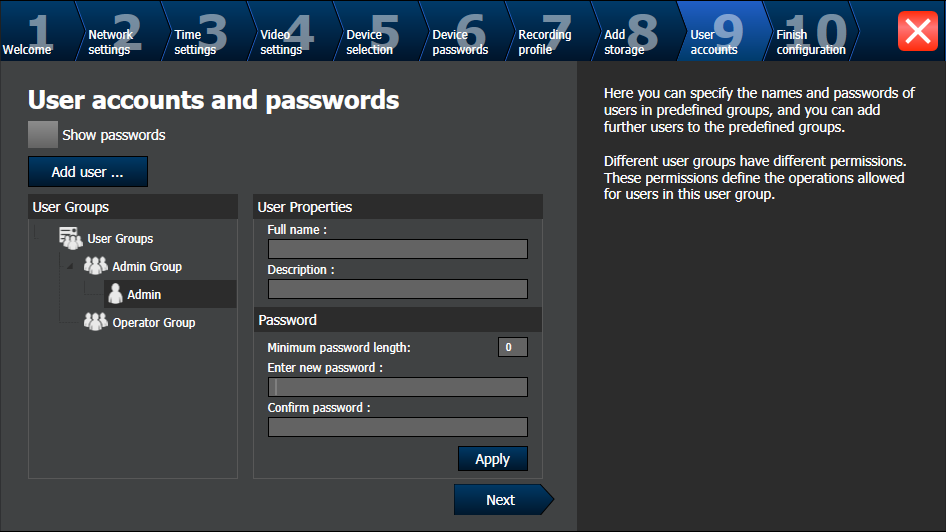 54 pl Rozpoczęcie pracy Bosch Video Management System Strona User accounts and passwords Można dodawać użytkowników, ale