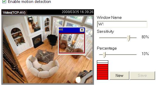 Jeśli chcesz zmienić parametry okna detekcji, takich jak pozycja, rozmiar, czułość czy procent, proszę połącz się ze stroną detekcji ruchu w kamerze aby wprowadzić ustawienia.
