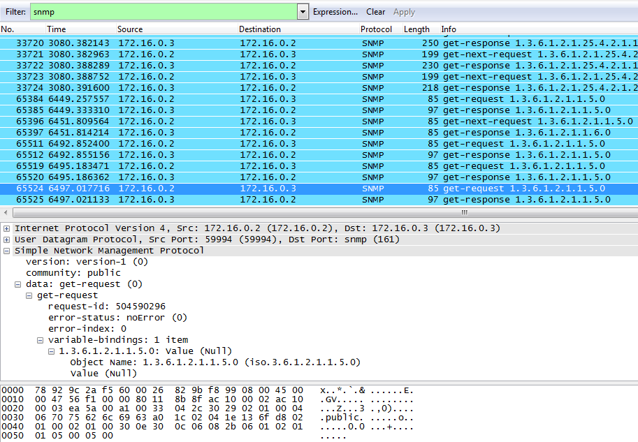 1.3.7 Działaj w parze z osobą przy drugim stanowisku komputerowym. 1. W polu address wpisz adres ip sąsiada. 2. Uruchom analizator Wireshark. 3. Rozpocznij rejestrację pakietów. 4. Filtruj ruch SNMP.