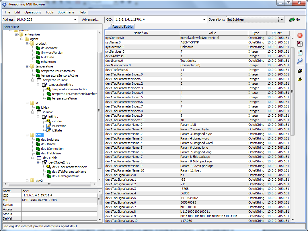 AGEDI Weryfikacja stanu urządzeń monitorowanych Ilustracja 17: Podgląd bazy MIB przy użyciu programu MIB Browser. 6.