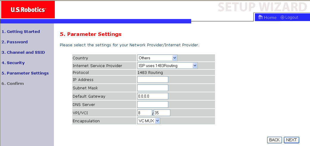 KREATOR KONFIGURACJI Ustawianie parametrów Usługodawca stosuje routing zgodny ze standardem RFC 1483 Wprowadź ustawienia routingu zgodnego ze standardem RFC 1483 uzyskane od usługodawcy internetowego.