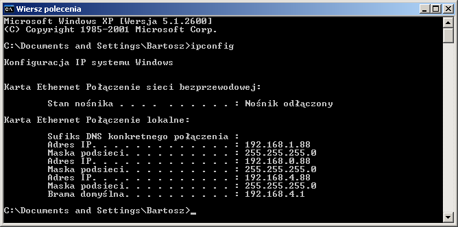 IPCONFIG (Windows 2000/NT/XP) W wierszu poleceń wpisz ipconfig i naciśnij Enter. Zostaną wyświetlone następujące informacje o konfiguracji IP komputera.