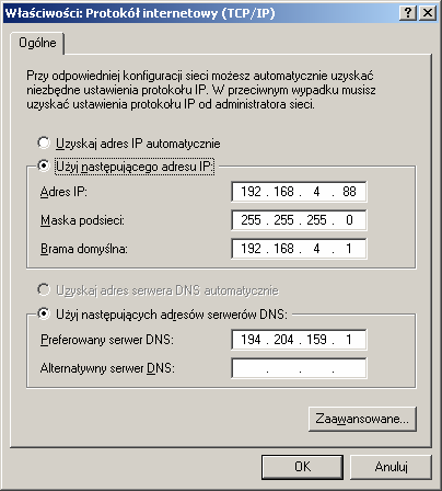 W oknie Właściwości: Protokół internetowy (TCP/IP) wybierz opcję UŜyj następującego adresu IP. Wprowadź adres IP oraz maskę podsieci.