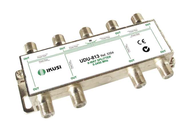 Rozgałęźniki i odgałęźniki Seria UDU Rozgałęźniki 5-2450MHz 2-, 3-, 4-, 6- i 8-kierunkowe ekranowe rozgałęźniki indukcyjne Zakres częstotliwości: 5-2450MHz Niklowana obudowa z odlewu cynku.