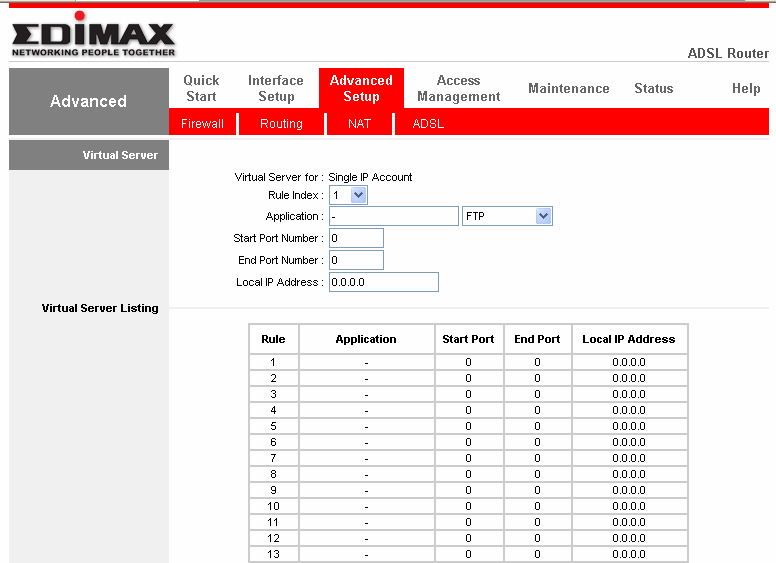 Parametr Virtual Server for /Serwer Wirtualny dla/ Rule Index /Indeks reguł/ Application /Aplikacja/ Opis Pokazuje ustawienie Wirtualnego Serwera dla pojedynczego lub wielorakiego Adresu IP.